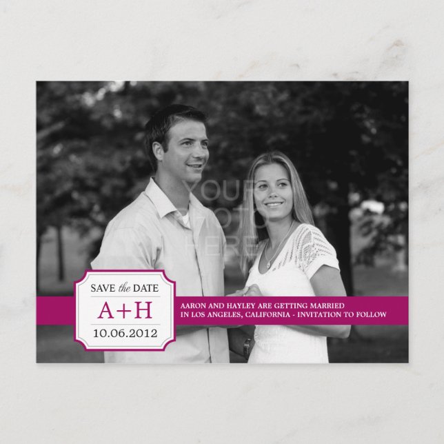 Moderne Band Save the Date Postkarte (Fuchsia) (Vorderseite)