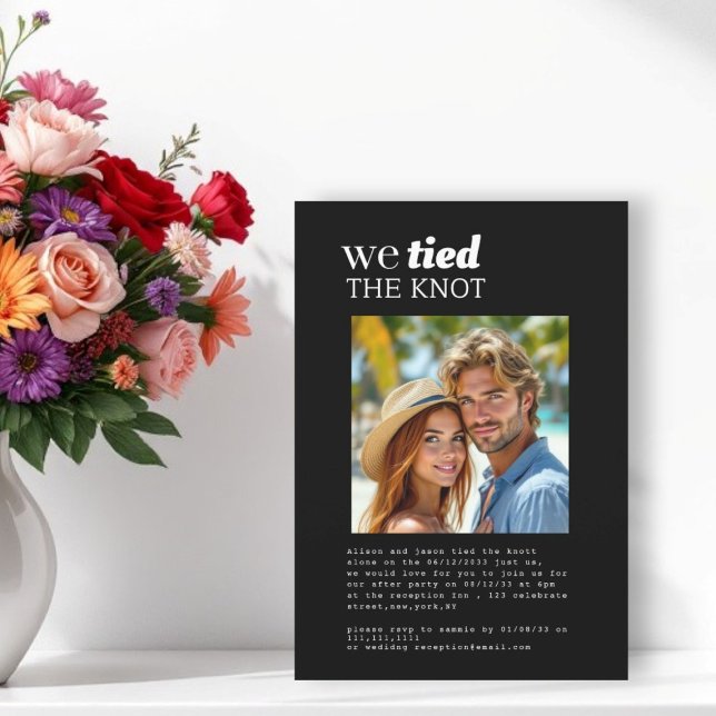 Moderne banden wir den Knoten elopierter Empfang Einladung (we tied the knot wedding reception invitation,
modern photo simple black and white  design )