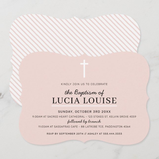MODERNE BAPTISM minimale Kreuzung einfach blassros Einladung (Vorne/Hinten)