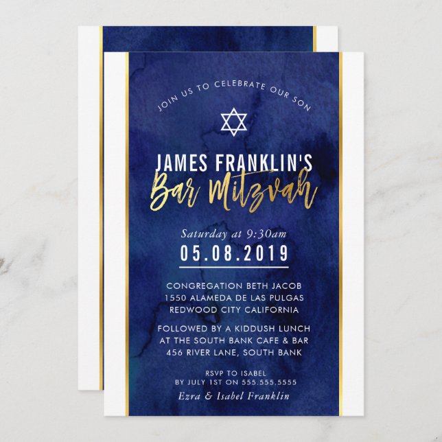 MODERNE BAR MITZVAH Blaue Aquarellgoldschrift Einladung (Vorne/Hinten)