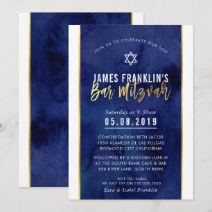 MODERNE BAR MITZVAH Blaue Aquarellgoldschrift Einladung
