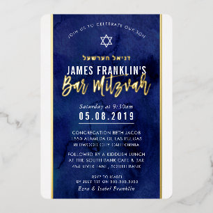 MODERNE BAR MITZVAH Blaue Aquarellgoldschrift Folieneinladung