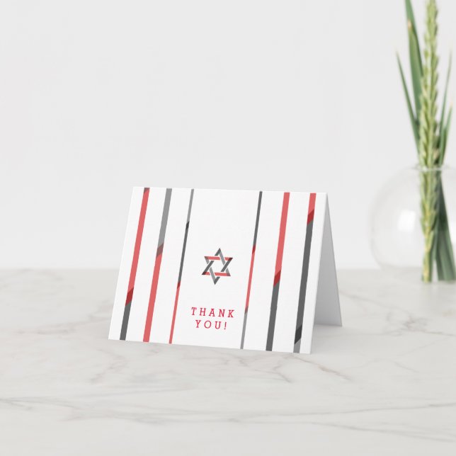 Moderne Bar Mitzvah Dankeschön-Karten | Rot und Sc Dankeskarte (Vorderseite)