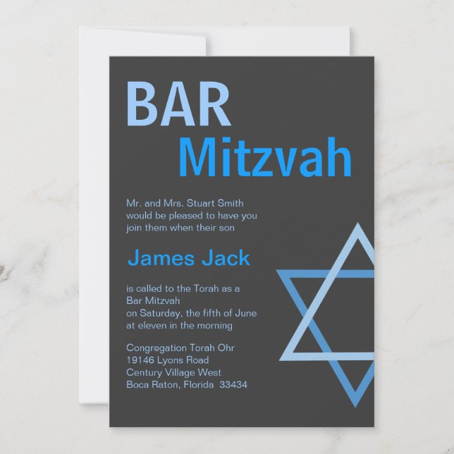 Moderne Bar Mitzvah-Einführung - Blau & Grau Einladung (Vorderseite)