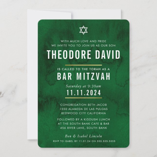 MODERNE BAR MITZVAH Rein grünes Muster Einladung (Vorderseite)
