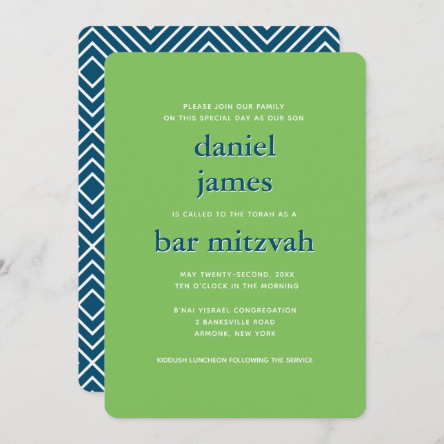 Moderne Bar Mitzvah Typografie Blue Green Einladung (Vorne/Hinten)