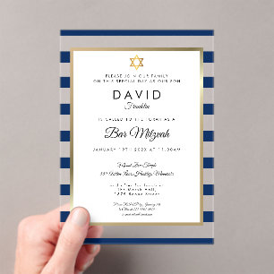 Moderne Bar Mizwa Navy Blau Streifen Gold Acryleinladungen