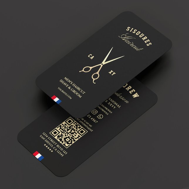 Moderne Barber Black Gold Scheren Red Blue White Visitenkarte (Modern Barber Black Gold Scissors Red Blue White Business Card
)