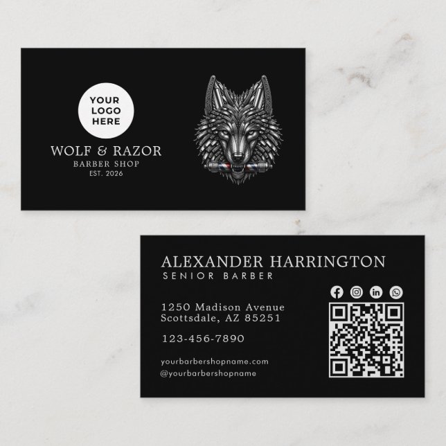 Moderne Barbier Shop Silber Wolf Logo Qr Code Visitenkarte (Vorne/Hinten)