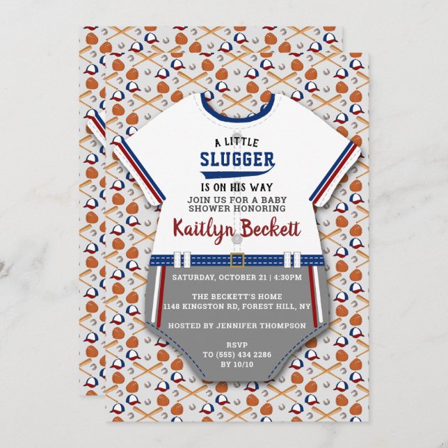 Moderne Baseball Boys Babydusche "Little Slugger" Einladung (Vorne/Hinten)