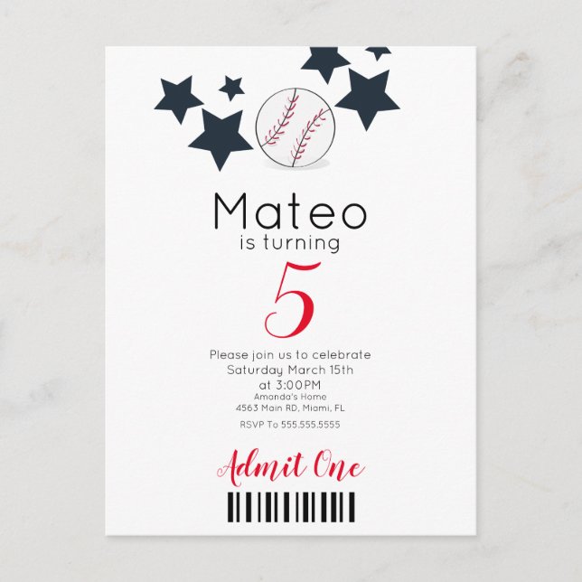 Moderne Baseball-Muster-Ticket-Style-Party    Postkarte (Vorderseite)
