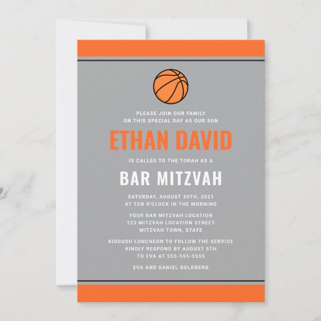 Moderne Basketball-Bar mitzvah in Grau und Orange Einladung (Vorderseite)