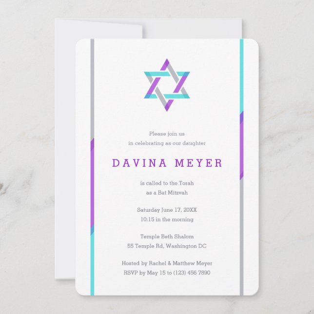 Moderne Bat Mitzvah Einladungen | LILA + AQUAMARIN (Vorderseite)