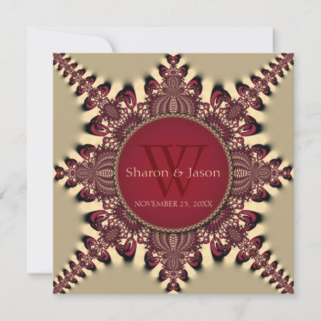 Moderne Batik Star Monogram Deep Red Gold Wedding Einladung (Vorderseite)