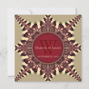 Moderne Batik-Stern-Monogramm-Tiefrot-Gold-Hochzei Einladung