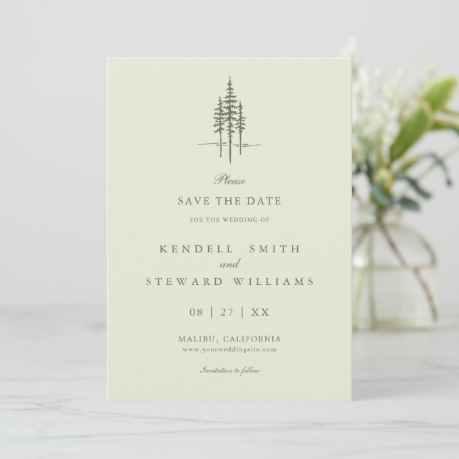 Moderne Baumwald-Rustikale Hochzeit "Save the Date Save The Date (Stehend Vorderseite)