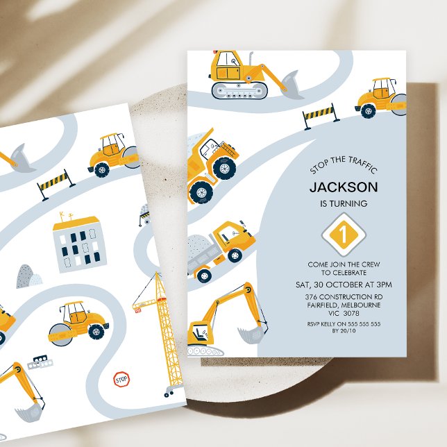 Moderne Baustellen stoppen den Verkehr 1. Geburtst Einladung (Modern Boys Construction 1st Birthday Invitation, Stop the Traffic 1st Birthday Invitation, Grey)