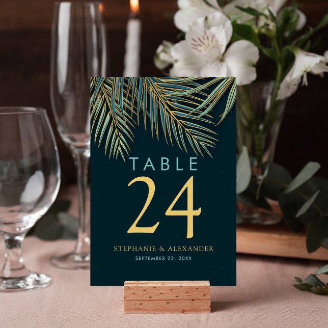 Moderne Beach Palm Gold Aquamarine tropische Hochz Tischnummer (Modern teal palm frond tropical table number for your reception decor features minimalistic design.)