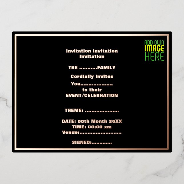 MODERNE BEARBEITBARE, EINFACHE TEMPLATE FÜR SCHWAR FOLIE EINLADUNGSPOSTKARTE (Vorderseite)