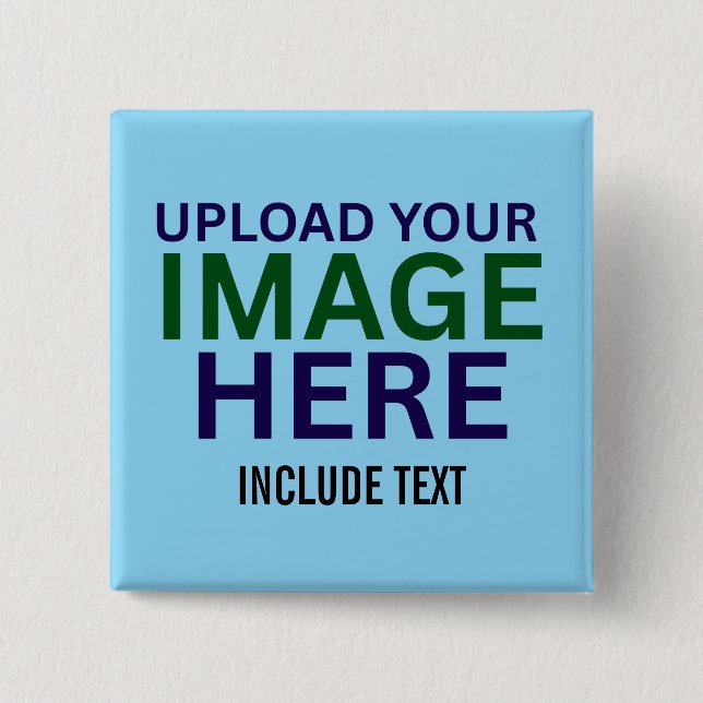 Moderne bearbeitbare hellblaue Bildtextvorlage Button (Vorderseite)