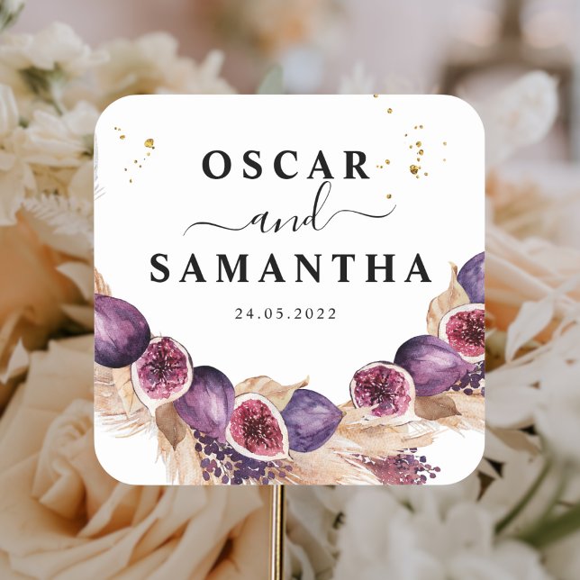 Moderne Beauty Lila Figs & Pampas & Gold Drops Quadratischer Aufkleber (Von Creator hochgeladen)