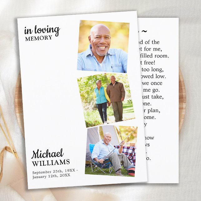 Moderne Beerdigung Custom 3 Foto Gedenkkarte (Von Creator hochgeladen)