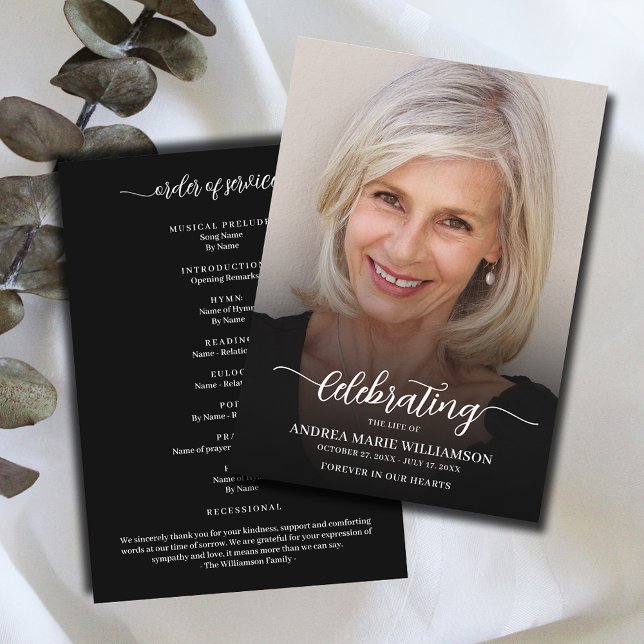 Moderne Beerdigung des Fotos des Lebens Programm (Modern funeral Celebration of Life Program, your photo on the front, Order of Service on the back)