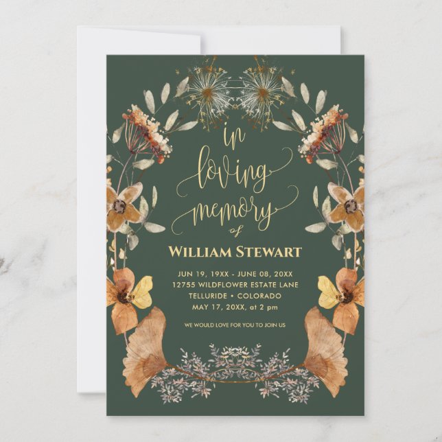 Moderne Beerdigungsfeier des Lebens Boho Dunkelgrü Einladung (Vorderseite)