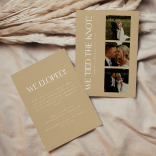 Moderne Beige 3-Foto-Elopement-Hochzeitsempfang Einladung