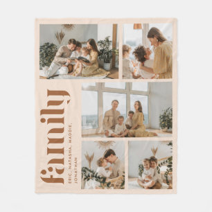 Moderne Beige 5-Familie Foto Collage mit Namen Fleecedecke