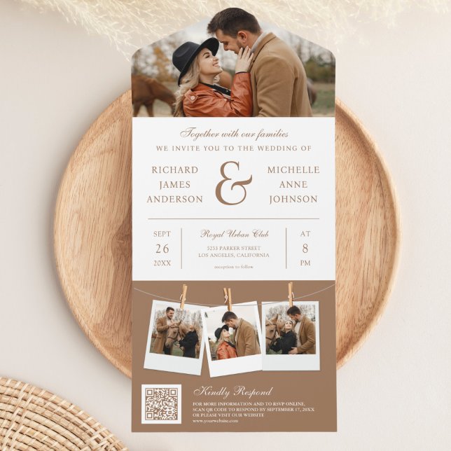 Moderne Beige Ampersand Foto QR Code Hochzeit All In One Einladung (Von Creator hochgeladen)