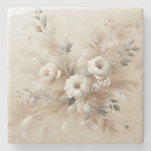 Moderne beige Blume 2 Steinuntersetzer (Vorderseite)