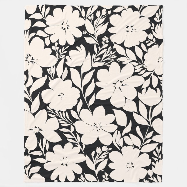 Moderne beige Blume Schwarz Botanisch Fleecedecke (Vorderseite)