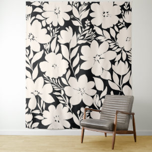 Moderne beige Blume Schwarz Botanisch Wandteppich