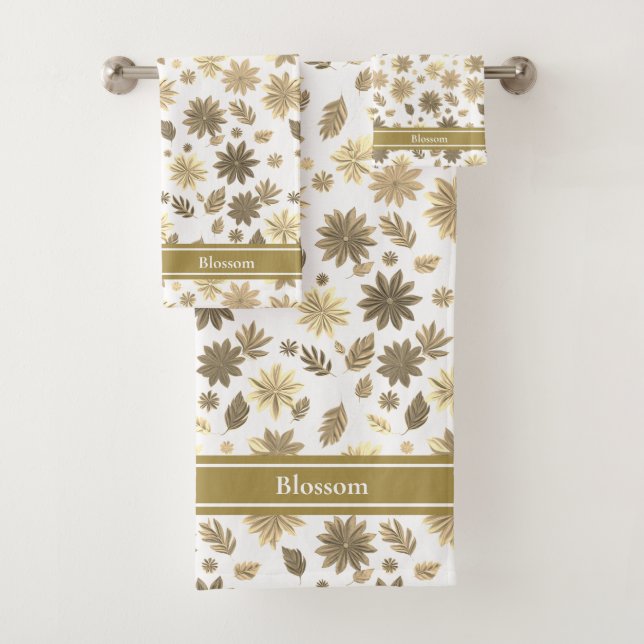 Moderne beige Blume und Text auf Weiß Badhandtuch Set (Insitu)