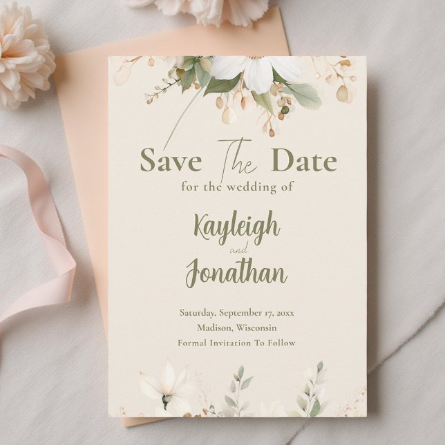 Moderne Beige Blumenhochzeit Save The Date (Von Creator hochgeladen)