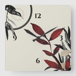 Moderne Beige & Burgund Red Watercolor Botanisch Quadratische Wanduhr