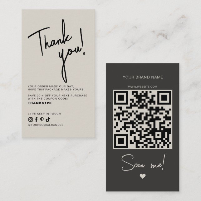 Moderne beige graue Bestellung Dankeschön QR-Code Visitenkarte (Vorne/Hinten)