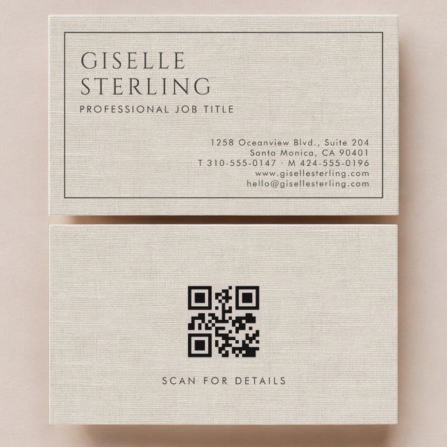 Moderne beige Leinen-Luxus-QR-Code Visitenkarte (Von Creator hochgeladen)