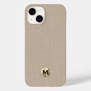 Moderne Beige Linen Brushed Gold Monogram Case-Mate iPhone 14 Hülle