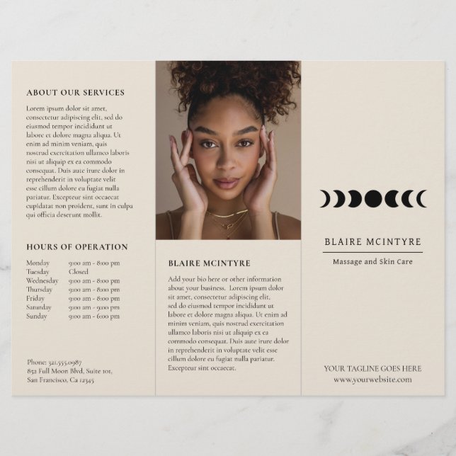 Moderne Beige Mondphasen Elegante Tri-fold-Broschü (Vorderseite)