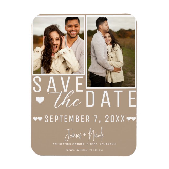 Moderne Beige Save the Date 2 Foto Hochzeit Magnet (Vertikal)