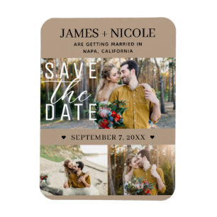 Moderne Beige Save-the-Date-Hochzeit 3 Fotos Magnet