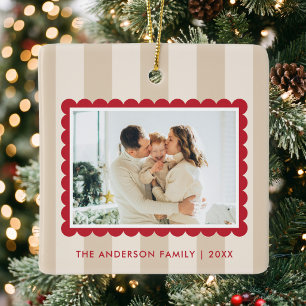 Moderne beige Streifen Foto Weihnachten Keramikornament