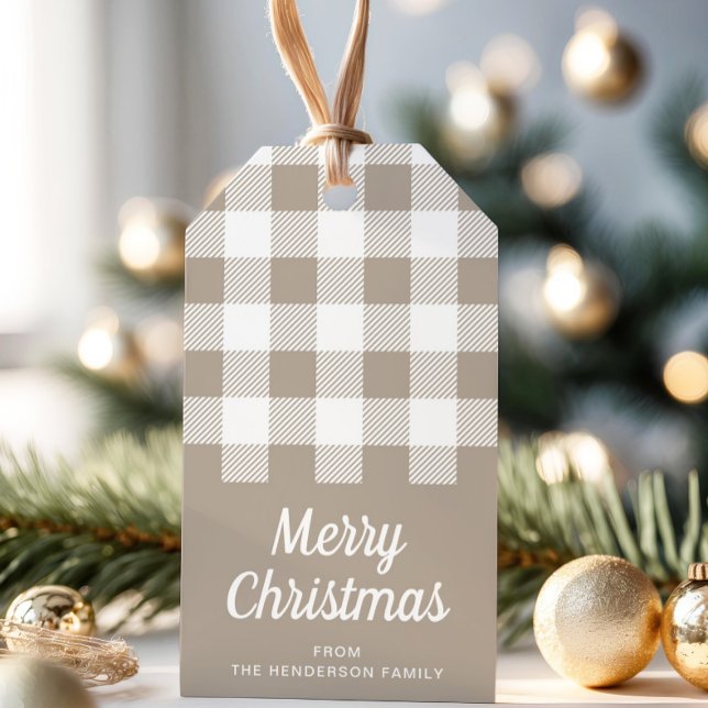 Moderne Beige Taupe Kariert Frohe Weihnachten Geschenkanhänger (Modern Beige Taupe Plaid Merry Christmas Gift Tags)