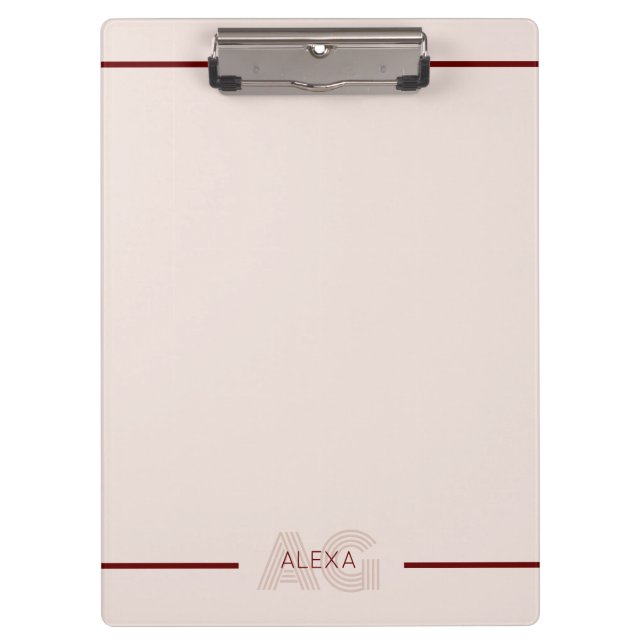 Moderne Beige- und Weinmonogramm Klemmbrett (Vorderseite)