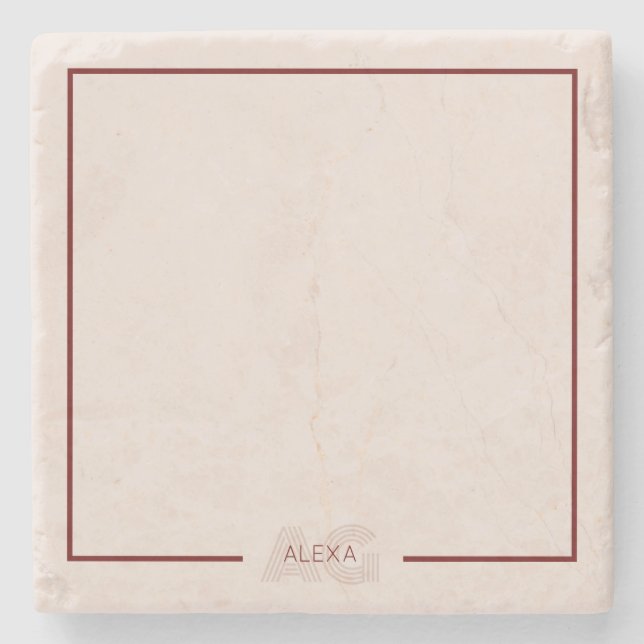 Moderne Beige- und Weinmonogramm Steinuntersetzer (Vorderseite)