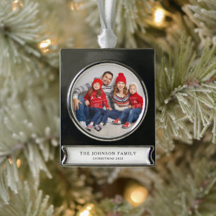 Moderne benutzerdefinierte Familienfoto-Weihnachte Banner-Ornament Silber