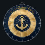 Moderne benutzerdefinierte Familiennamen Nautikbla Dartscheibe<br><div class="desc">Dieses nautische Dart-Board in marineblau und gold ist eine elegante Ergänzung zu jedem Familienzimmer und ein großartiges Geburtstag- oder Urlaubserlebnis. Personalisieren Sie es mit Ihrem Familiennamen oder Text Ihrer Wahl.</div>