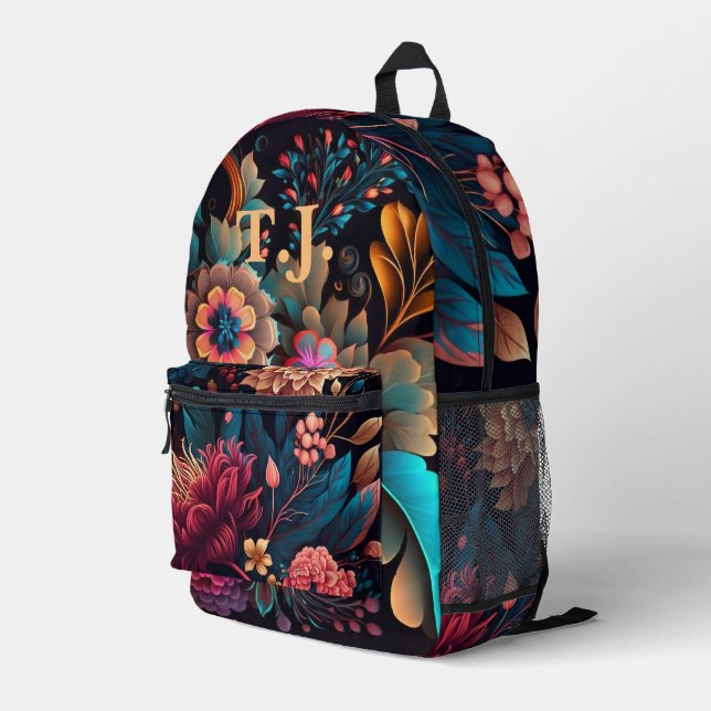 Moderne, benutzerdefinierte Monogramm florale Farb Bedruckter Rucksack (Rückseitige Ecke Rechts)